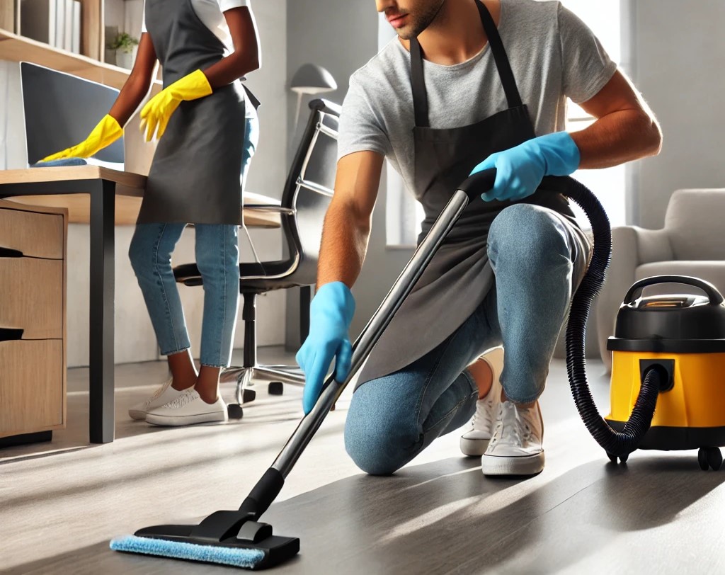 DALL·E 2024-09-13 11.32.37 - A professional cleaning crew working in a modern office space. One man is kneeling on the floor, using a vacuum cleaner with blue gloves, while an Afr
