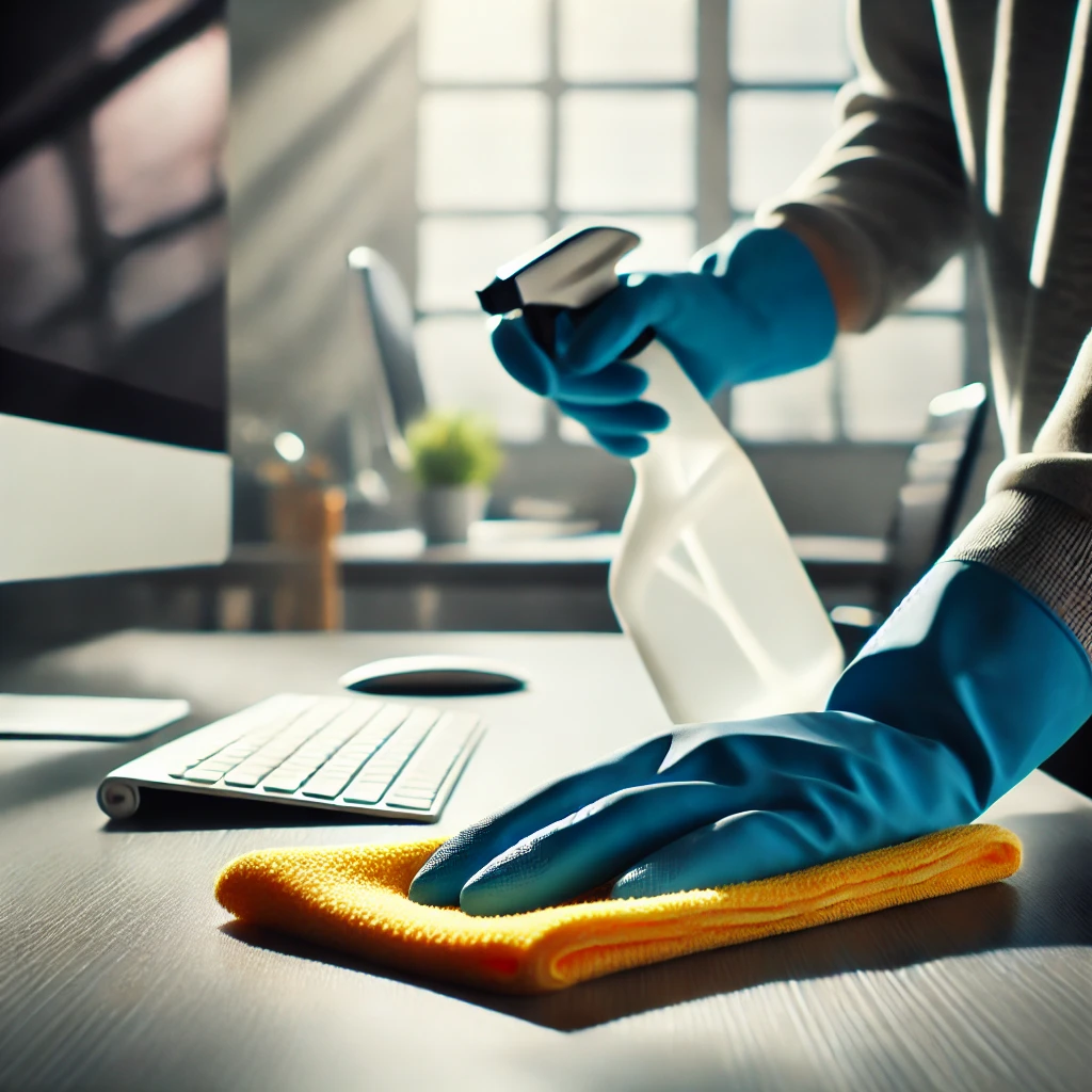 DALL·E 2024-09-13 11.39.06 - A close-up image of a person cleaning an office desk. The person is wearing blue gloves and using a spray bottle and cloth to wipe down the surface. T